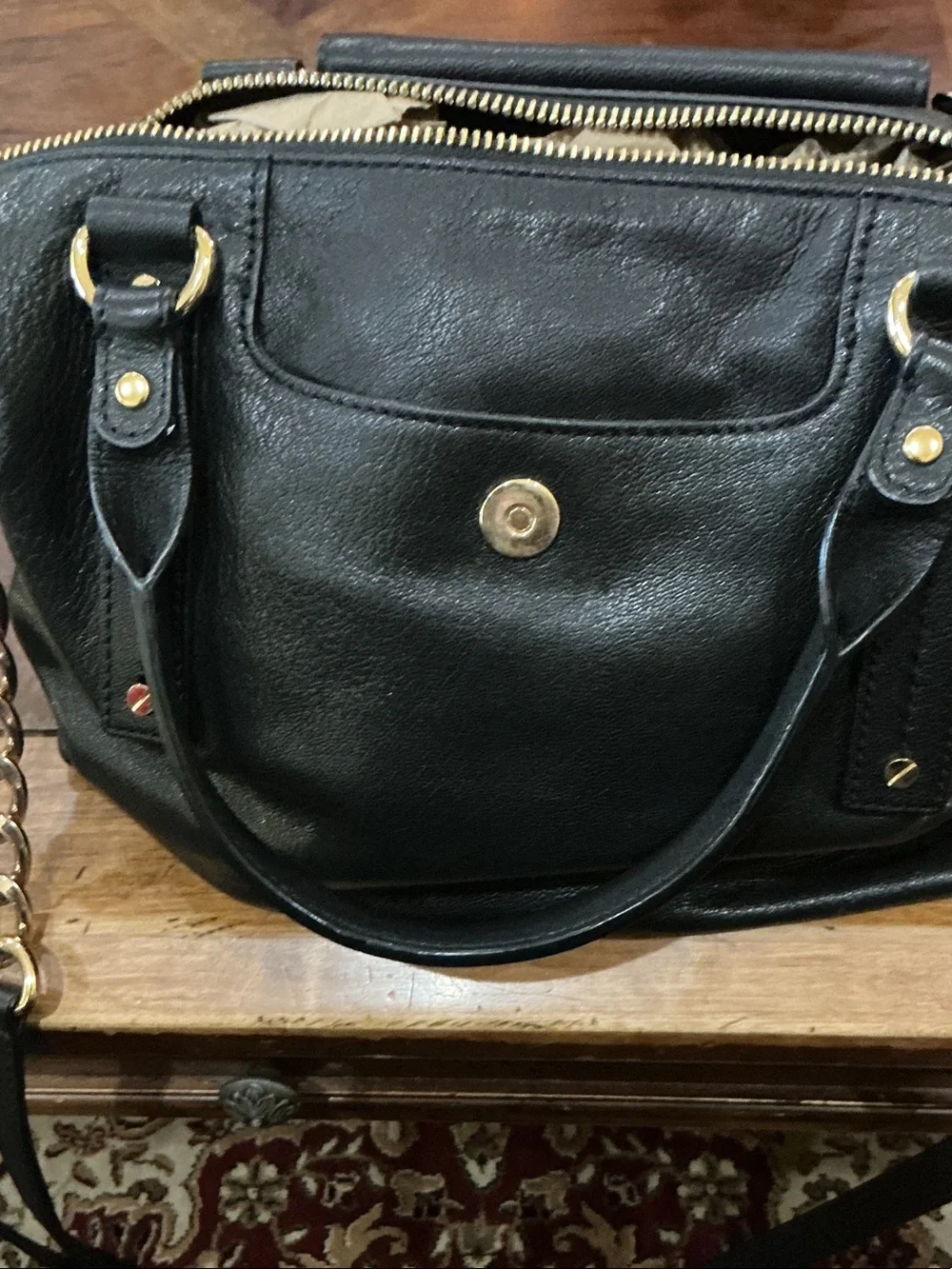 New Michael Kors Hamilton Black Leather Satchel with Gold Chain Strap. Newnotag